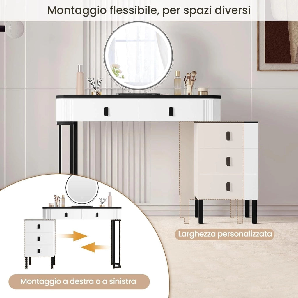 Toeletta da Trucco con Luci, Tocador de Maquillaje, Tavolo da Trucco con 5 Cassetti in Legno Massiccio, Montaggio Flessibile, 100x40x125 cm, Moderno, Bianco+Nero