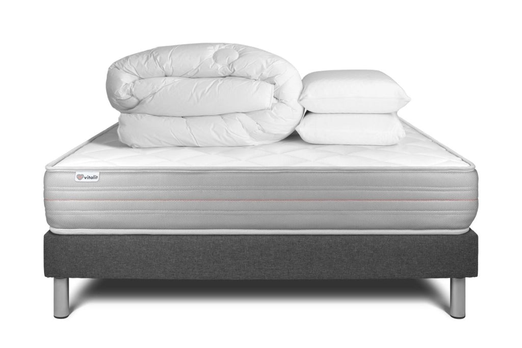 Pacchetto letto completo - Materasso 140x190cm + Box spring con doghe (kit) + 2 cuscini + Piumino - Vitalmemo