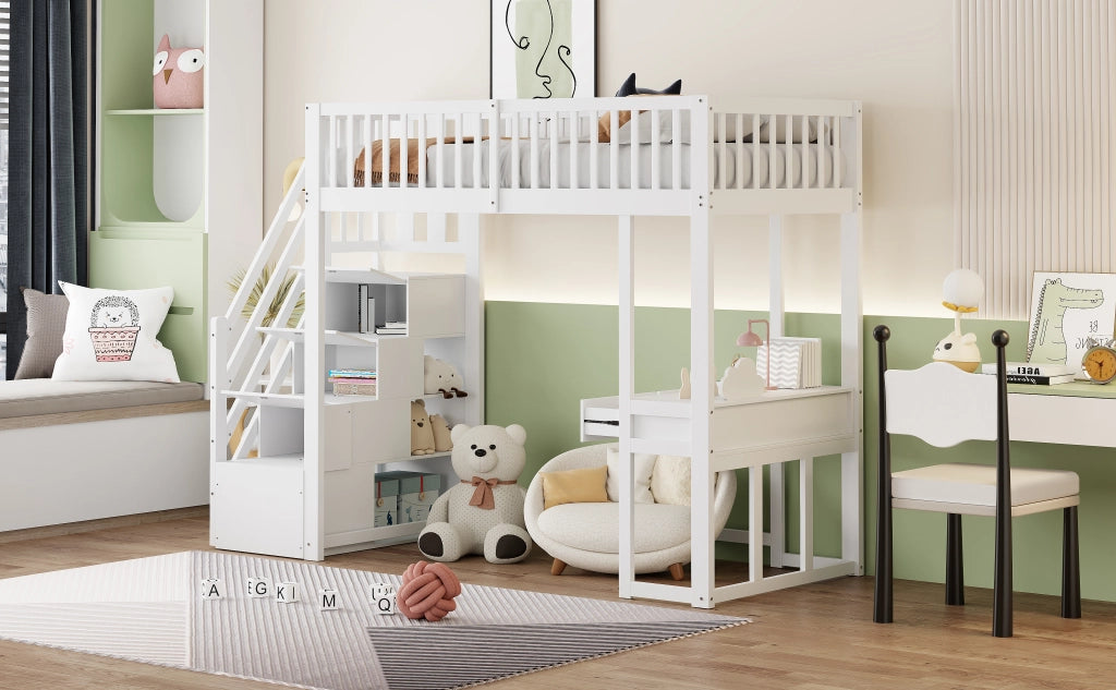 DESMIU Letto a soppalco 1 posto con scala contenitore, scrivania e spazio sotto il letto, 90 × 200 cm, senza materasso