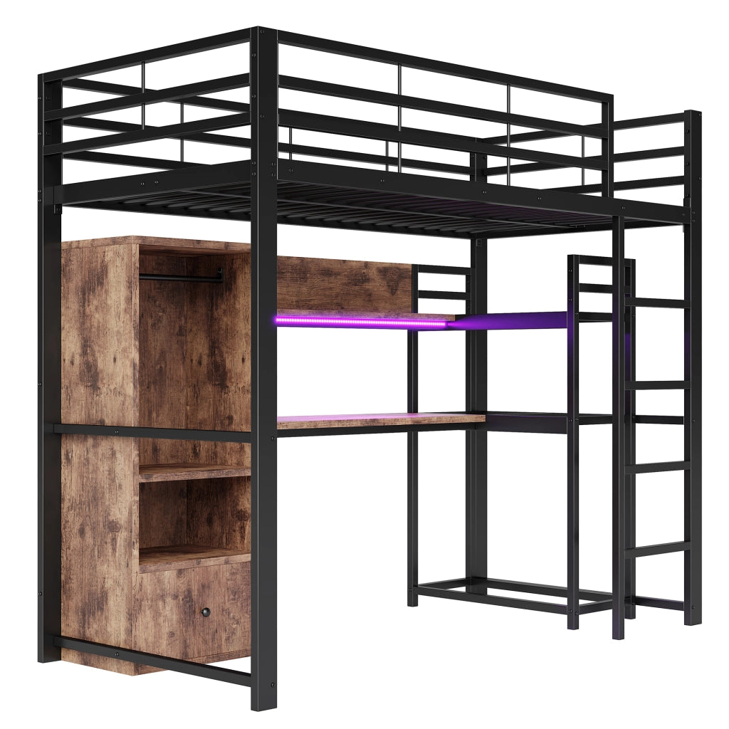 Letto a castello nero in metallo e MDF con illuminazione LED scrivania cassetti scaffali 90x200cm