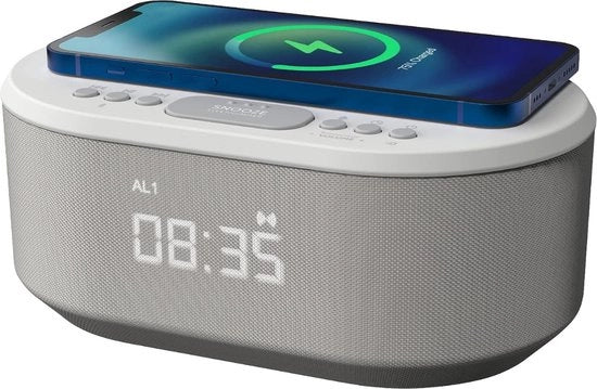Wekker Digitale con Oplader Wireless, Wekkerradio Digitale con Bluetooth, Oplader USB, Display LED Regolabile e Dual Alarm, Orologio da Destra (Bianco)