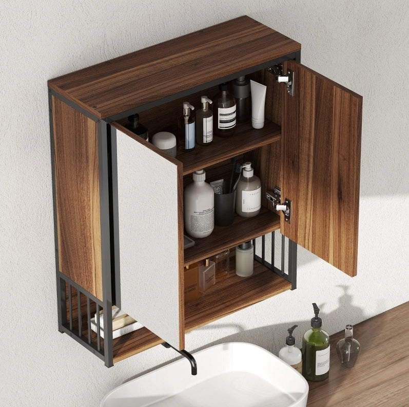 Mobiletto da bagno sospeso in MDF e truciolato marrone con specchio 25x40,5 cm