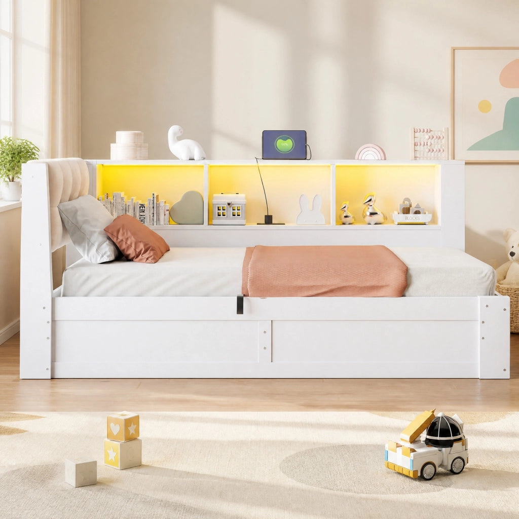 Letto singolo 90x200 cm con contenitore laterale; USB; LED e ripiano; bianco