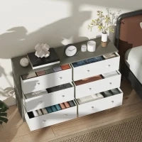 Cassettiera 6 Cassetti Pieghevoli con Maniglie Doppie, in Legno, Acciaio e Tessuto, 114x30x70 cm, Bianco e Grigio