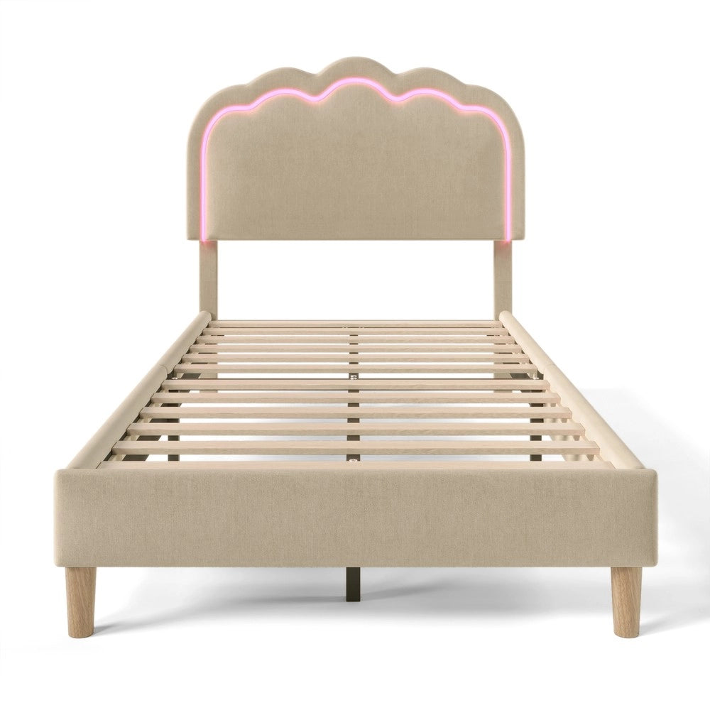 Letto Imbottito Singolo con Testiera Regolabile e Doghe ¨C MINIMAL ¨C Beige, Tessuto Lino, 90x190