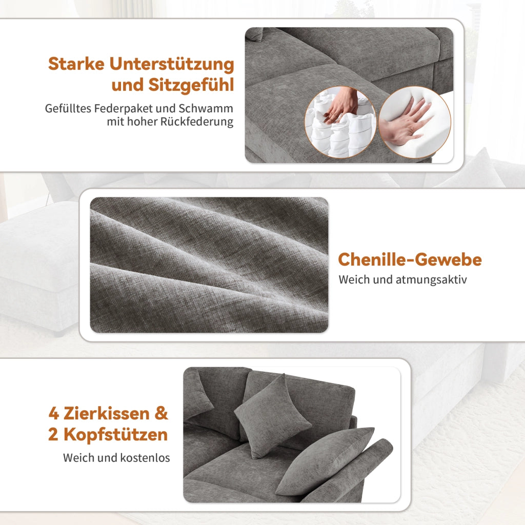 Divano modulare 4 posti con 2 pouf e braccioli regolabili in Chenille Grigio 284 × 156.5 × 86 cm