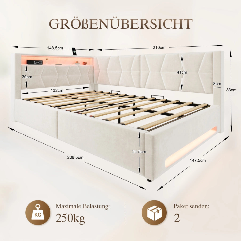 LETTO Contenitore 140x200 cm Velluto Beige con USB, Type-C e LED