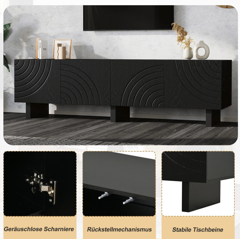 Mobile TV nero con 4 ante strutturate, 180 × 40 × 55 cm