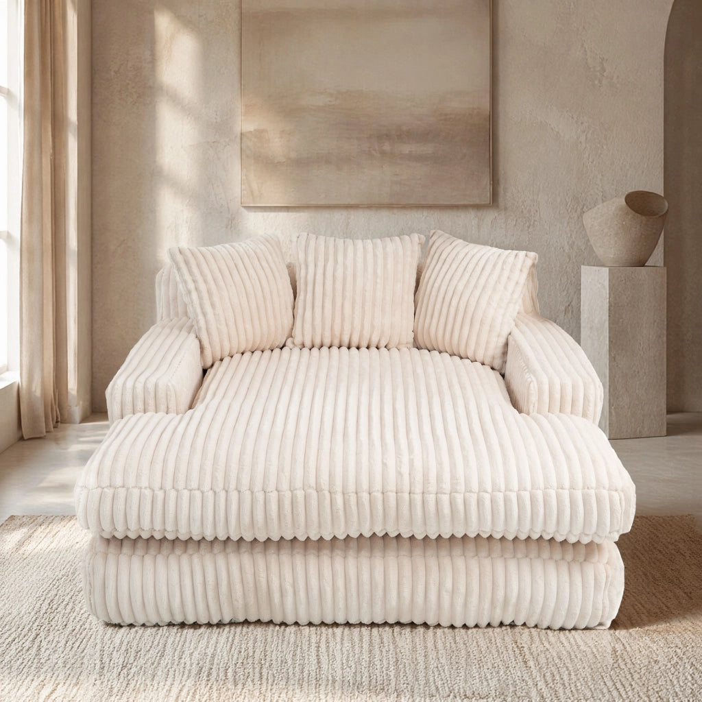 Chaise longue da interno in tessuto corduroy con 3 cuscini; 125x155x63 cm; beige