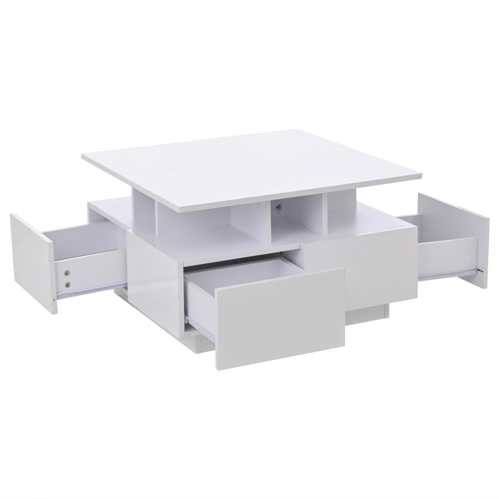 Tavolino da salotto 70x70x40 cm bianco lucido con 4 cassetti, LED controllato da app e struttura a 3 livelli
