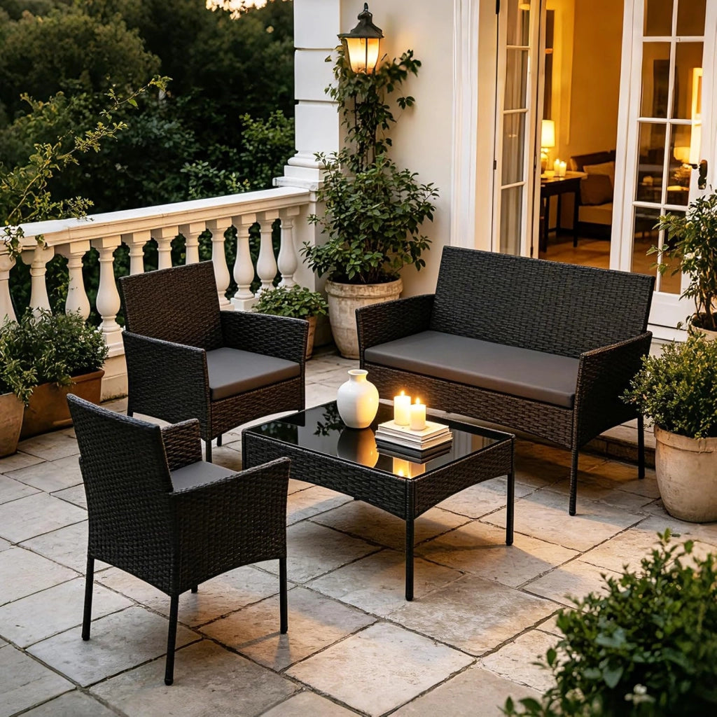 Salotto da Giardino 4 Pezzi, Set da Esterno in Rattan con 1 Divano 2 Posti, 2 Poltrone, 1 Tavolino in Vetro Temperato, Set Mobili da Giardino con Cuscini per Balcone, Terrazzo (Nero)