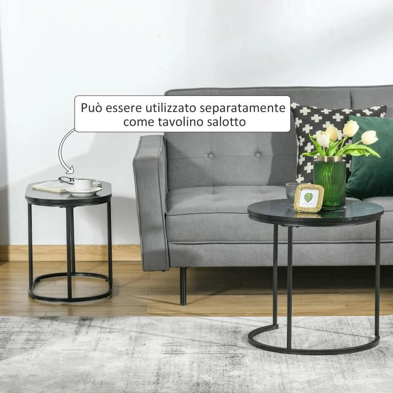 SET 2 TAVOLINI DA CAFFÈ CON PIANO EFFETTO MARMO, IN LEGNO E ACCIAIO, Ï50X50.5 CM E 60X36X43.5 CM, NERO