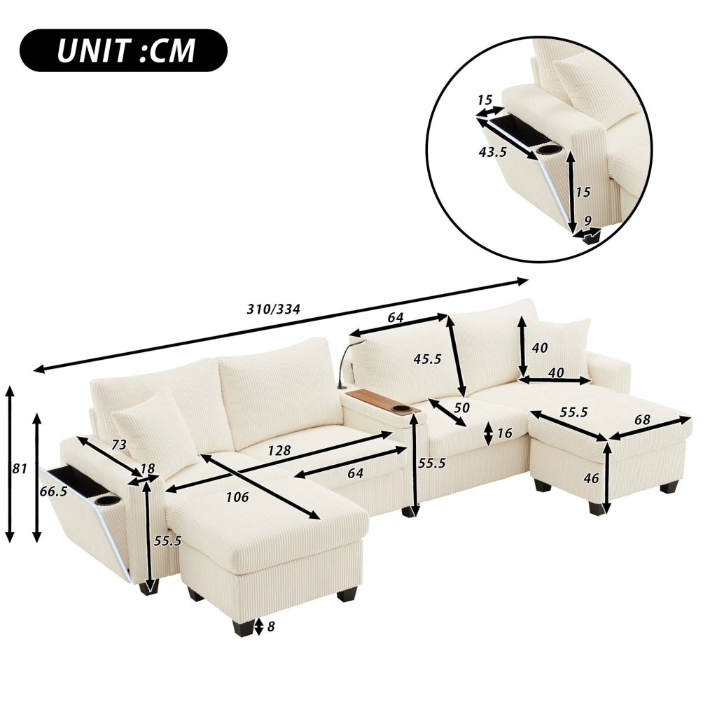 Divano a U 334x128,5 cm in velluto a coste beige con LED, USB/Type-C e 2 pouf