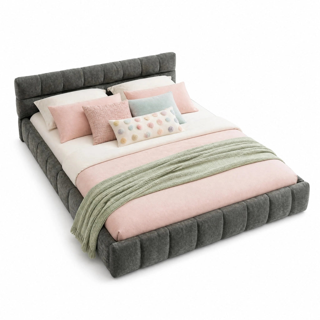 Letto matrimoniale 160x200 cm in chenille grigio scuro con struttura in eucalipto e ferro