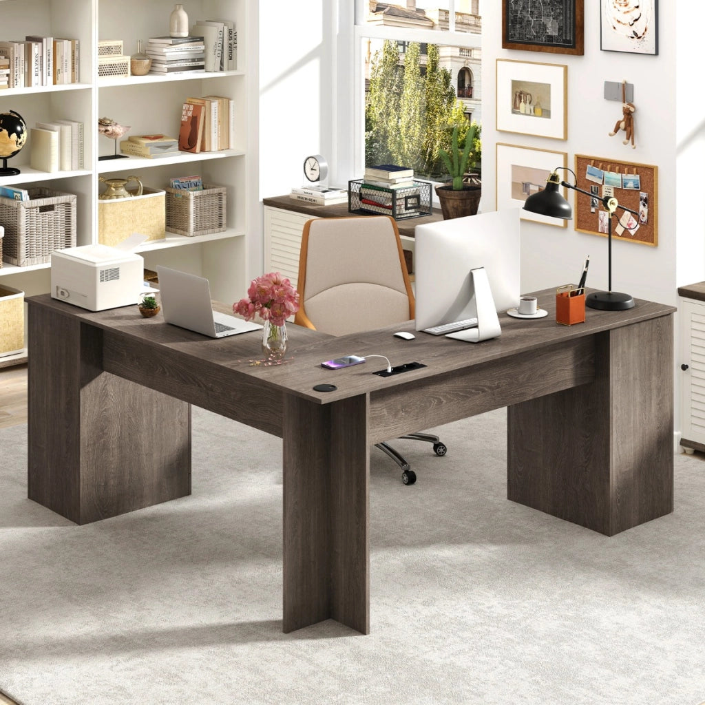 Scrivania a L per gaming lavoro e scrittura 168 x 168 x 76 cm, Scrivania angolare moderna con 2 prese Grigio-Scrivanie