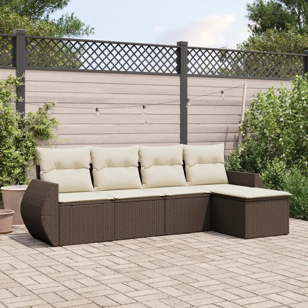 Set Divano da Giardino 5 pz | Set Salotto da Giardino con Cuscini Marrone in Polyrattan