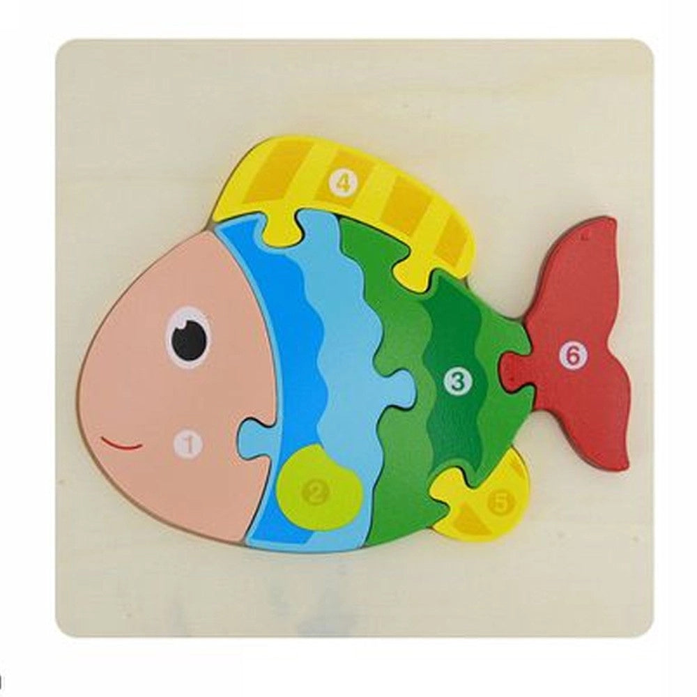 Trade Shop - Puzzle 3d Blocchi Legno Forma Di Pesce Educativo Colorato Gioco Bambini Animali -