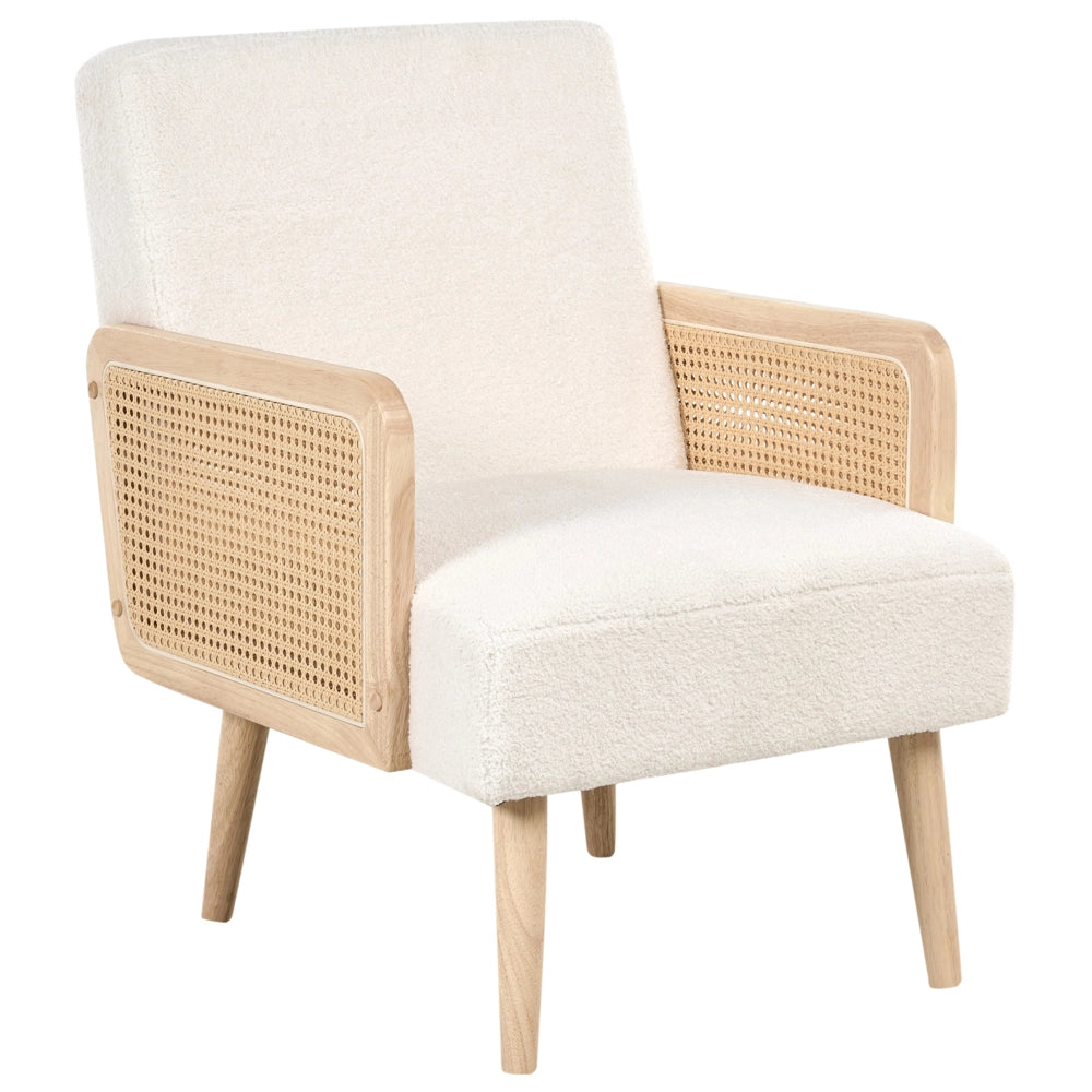 Poltrona bouclé bianco sporco design retrò struttura in legno soggiorno