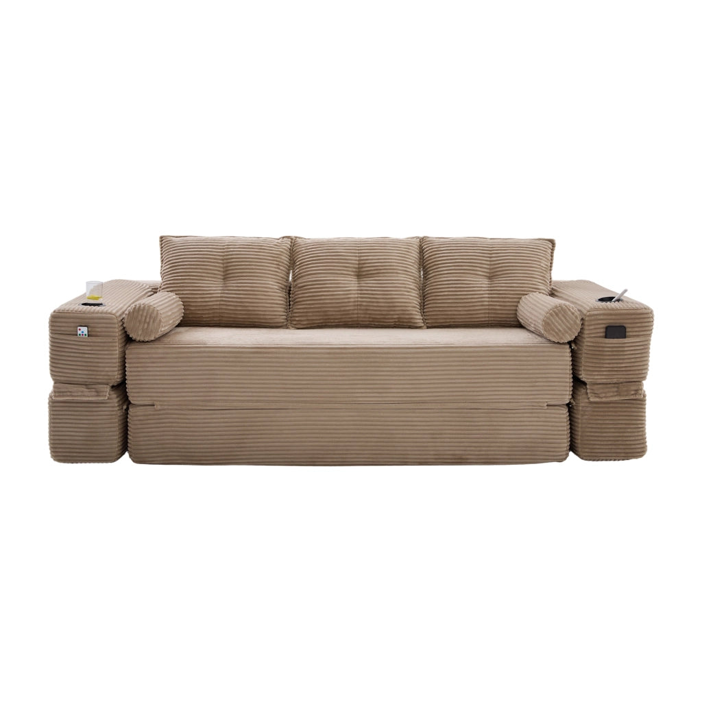 Divano letto modulare 3 posti con tasche laterali e portabicchieri in corda khaki 232×98×80cm
