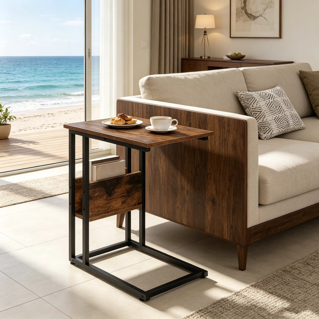Tavolino basso fisso a C con ripiano laterale in legno e metallo marrone rustico per divano e letto 55 × 59,5 × 36 cm