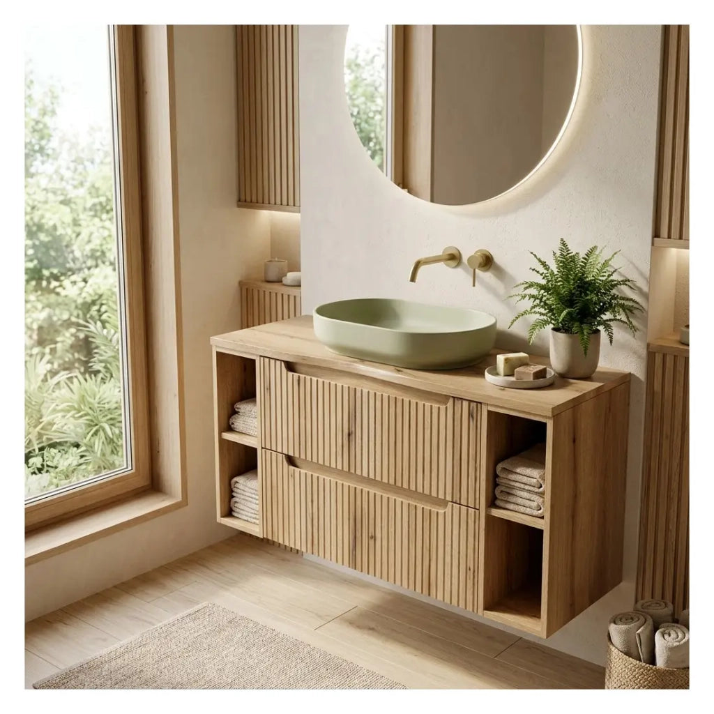Set da bagno VANO in rovere chiaro 120cm: mobile sottolavabo con cassetti e nicchie a vista + piano per lavabo