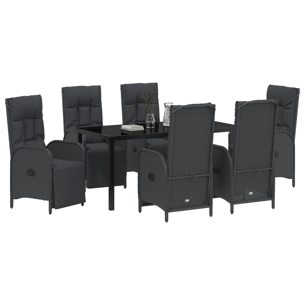 Set da pranzo da giardino da 7 pezzi con cuscini in polyrattan nero