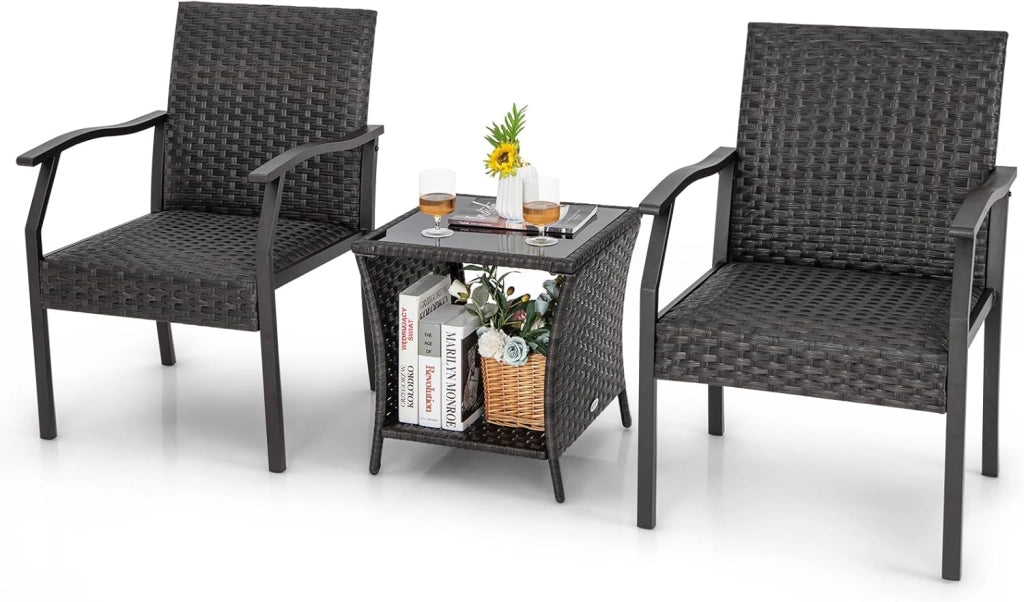 Set di mobili da giardino in rattan, resistenti alle intemperie, mobili da balcone, set di 2 sedie con tavolo, mobili da balcone per 2 persone, set di sedute