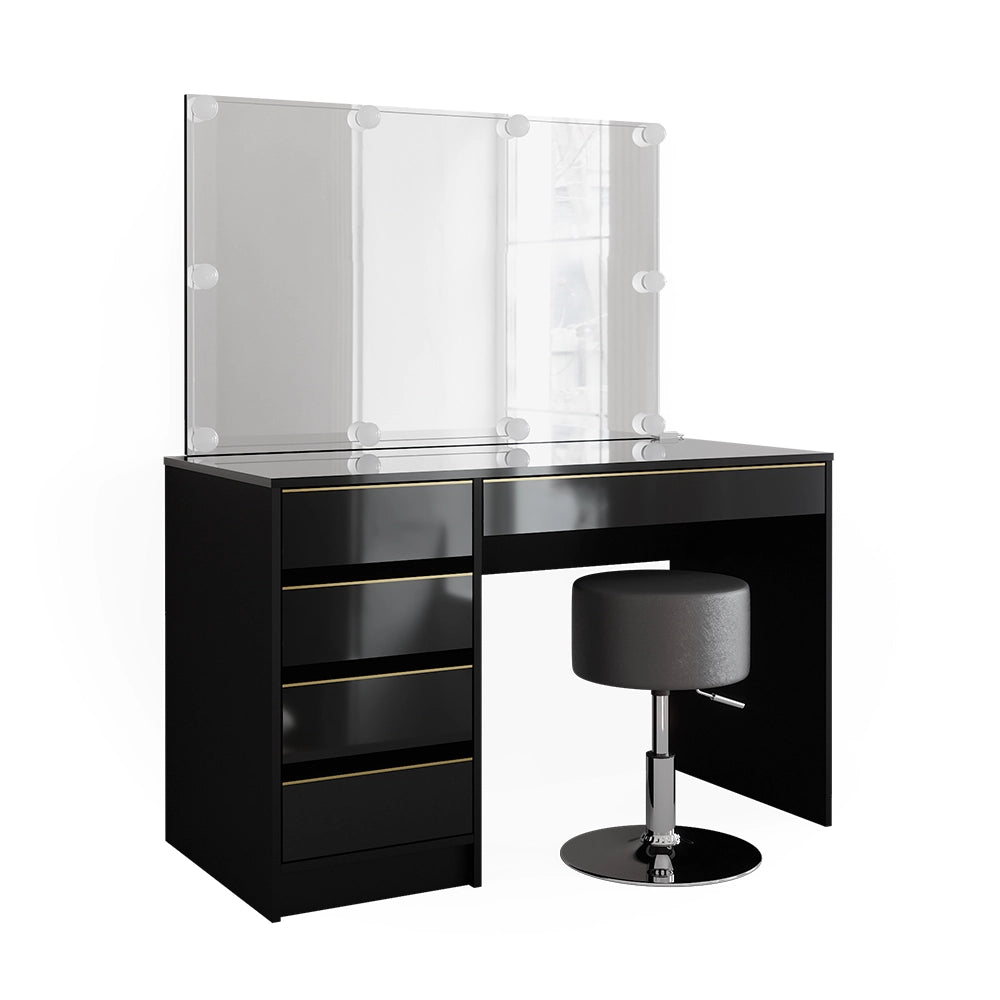 Vicco Tavolino da toilette Nero/oro 120 cm con illuminazione a LED e sgabello