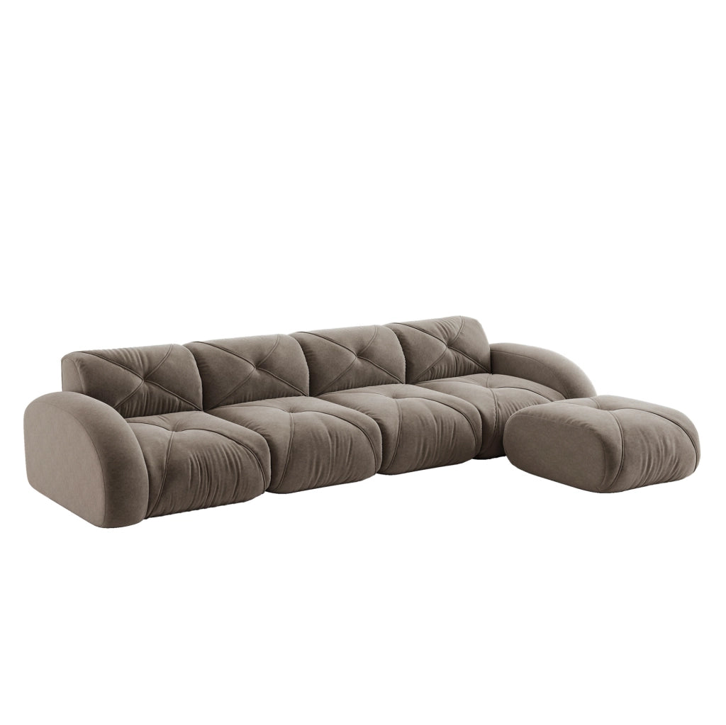 Divano modulare angolare in chenille taupe; 4 posti con pouf; senza montaggio