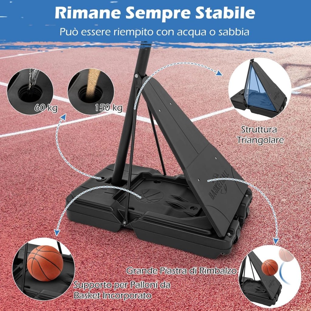 Canestro da Basket Regolabile 150-365 cm in Altezza per Bambini ed Adulti, Canestro con Piantana con Ruote, Canestro con Asta e Base Riempibile per Interno ed Esterno