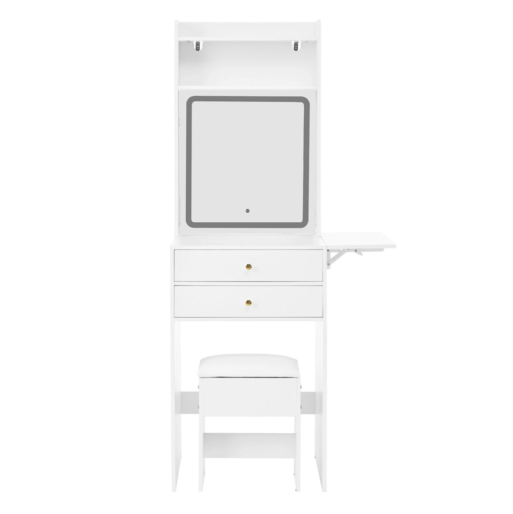 Toeletta 75x45x156 cm con piano pieghevole e LED a 3 colori in MDF bianco