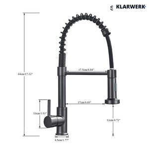 Bernd | Rubinetto cucina gastronomia con molla grigio titanio | flessibile in acciaio inossidabile |miscelatore ruotato di 360°Alta pressione 2 porte