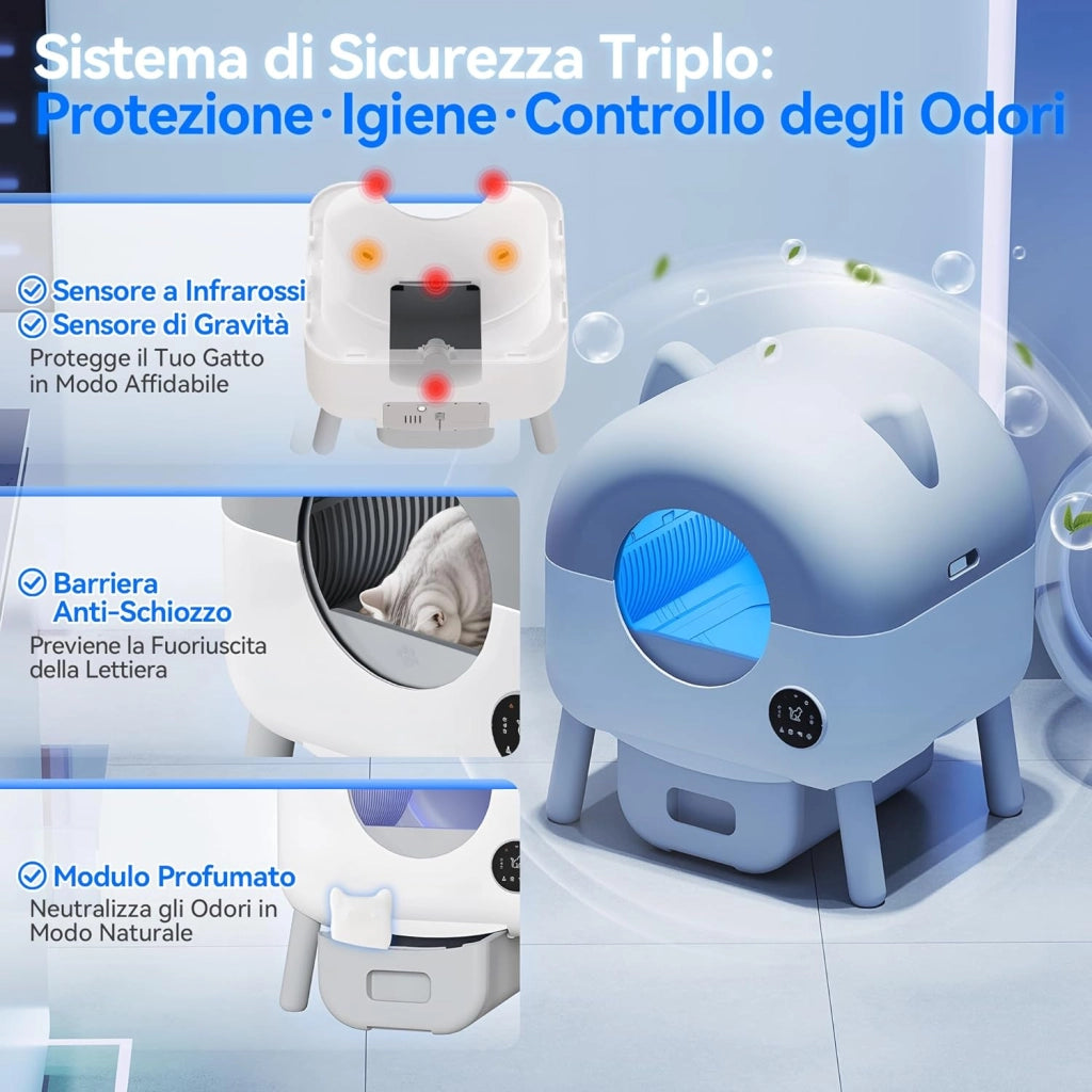 lettiera automatica per gatti, upgrade grande capacità, lettiera autopulente elettrica con controllo APP, adatta per gatti fino a 12 kg, include cat litter gatto con LED 6 colori.