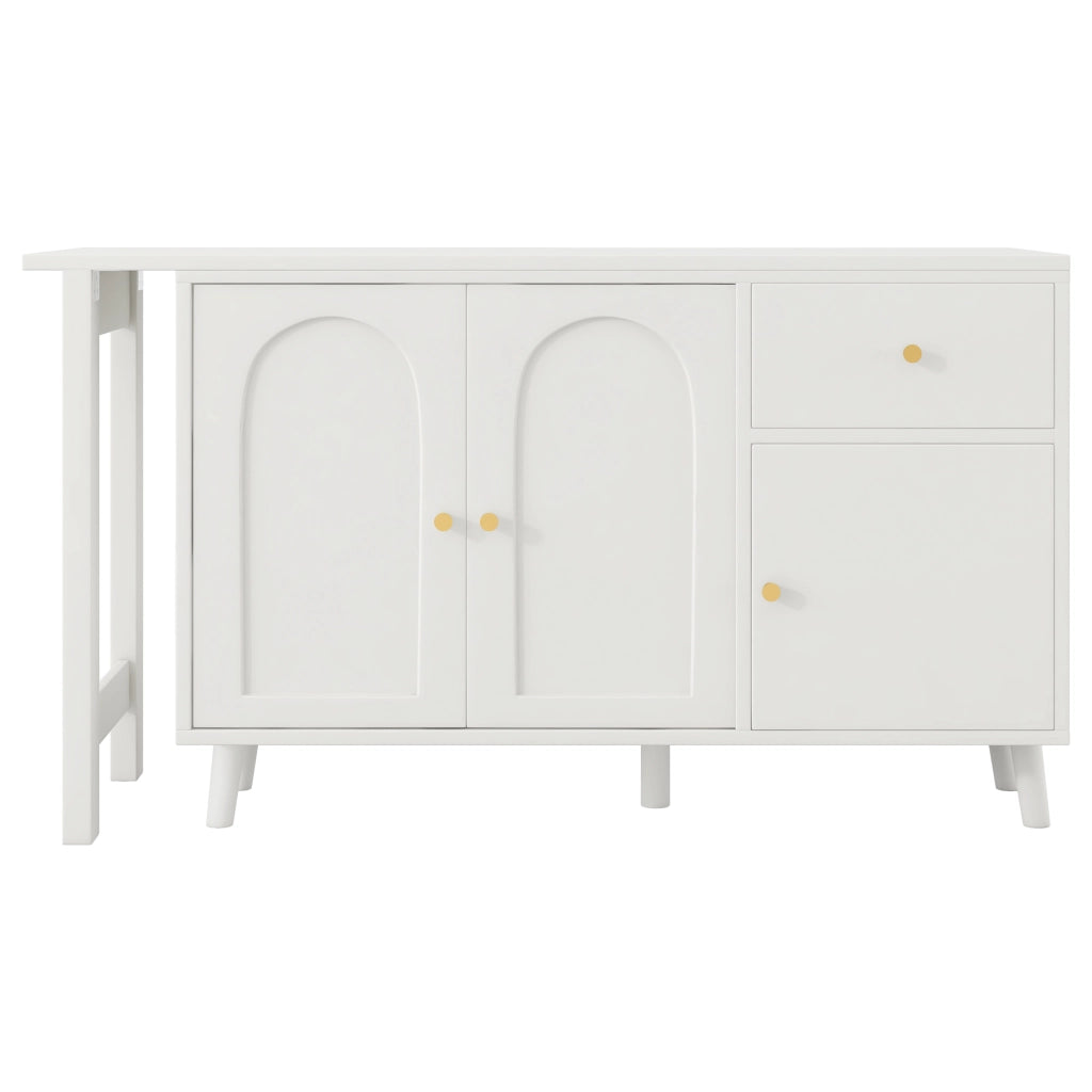 Scrivania girevole 360° con 3 ante e 1 cassetto funzione 2 in 1 per soggiorno e ufficio domestico in truciolare bianco