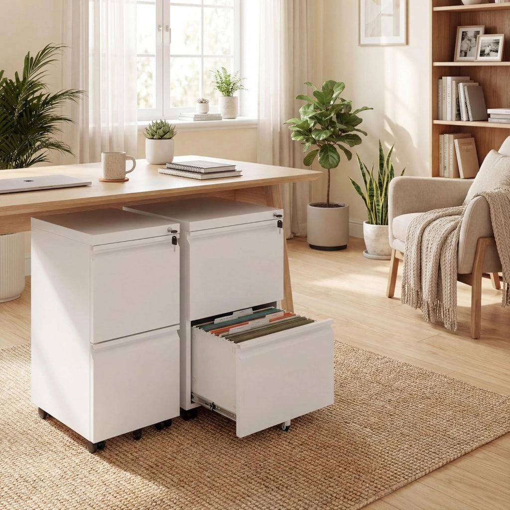 Cassettiera per Ufficio con 5 Ruote, Cassettiera per Archivio in Acciaio con 2 Cassetti, 2 Barre Appendicartelle Regolabili e Serratura, 2 Colori (Bianco)