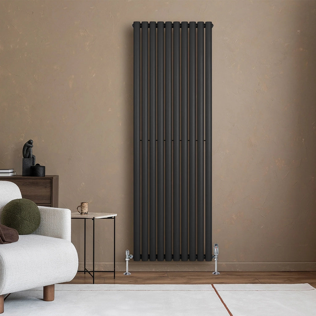 Radiatore Verticale Ovale 1800x600mm Nero con Valvole TRV