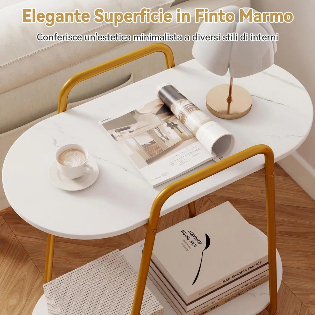 Tavolino Laterale da Divano con Ruote, Tavolino da Salotto a 2 Ripiani con Superfici in Marmo Artificiale, Ruote Bloccabili e Struttura in Metallo, Tavolo per Camera da Letto e Soggiorno
