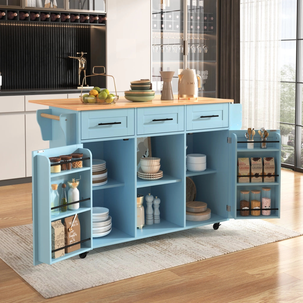 Isola da Cucina Mobile 139x46/71x91;5 cm Blu con Piano Ribaltabile; 3 Cassetti; Ruote e Gambe in Legno
