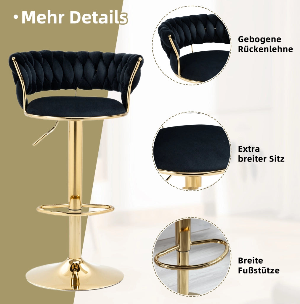 Set di 2 sgabelli da bar girevoli a 360° e regolabili in altezza; velluto nero; base dorata