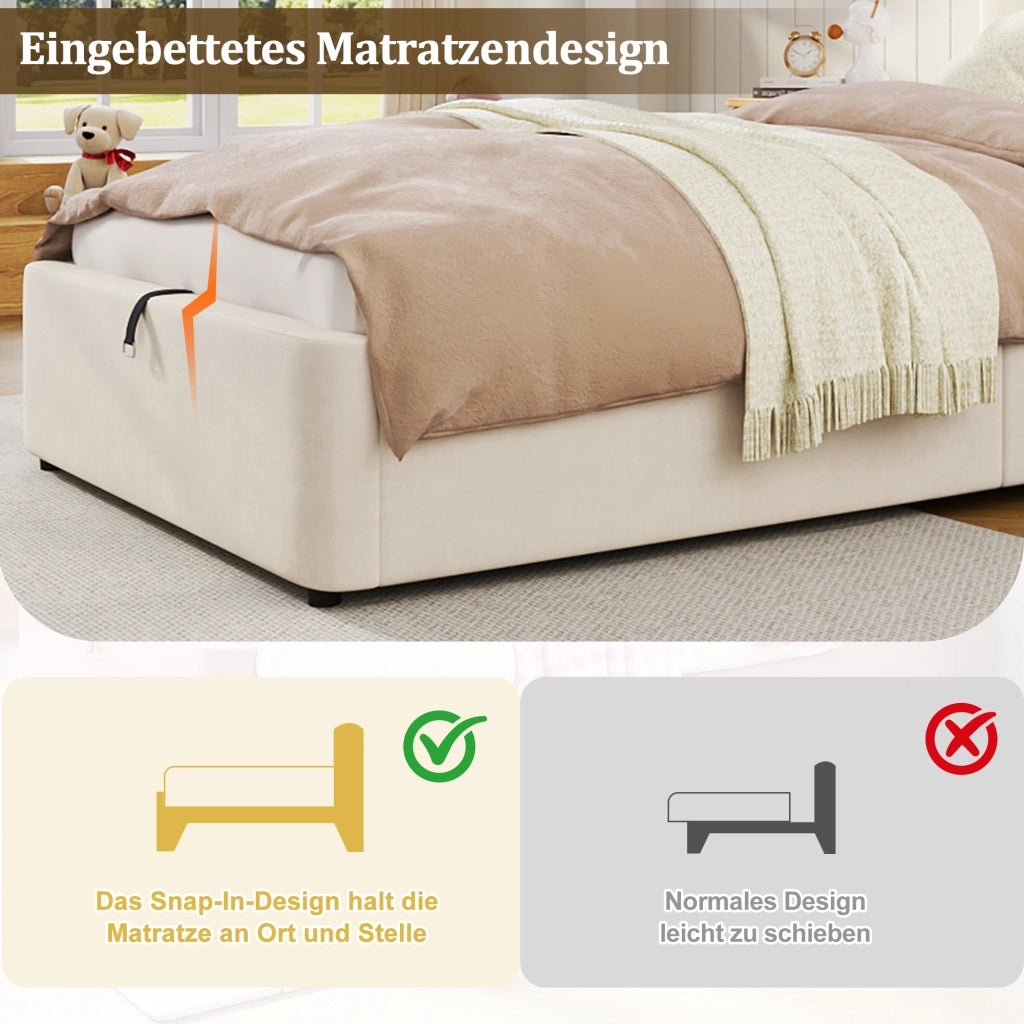 LETTO Contenitore 90x200 cm in velluto beige con rete a doghe