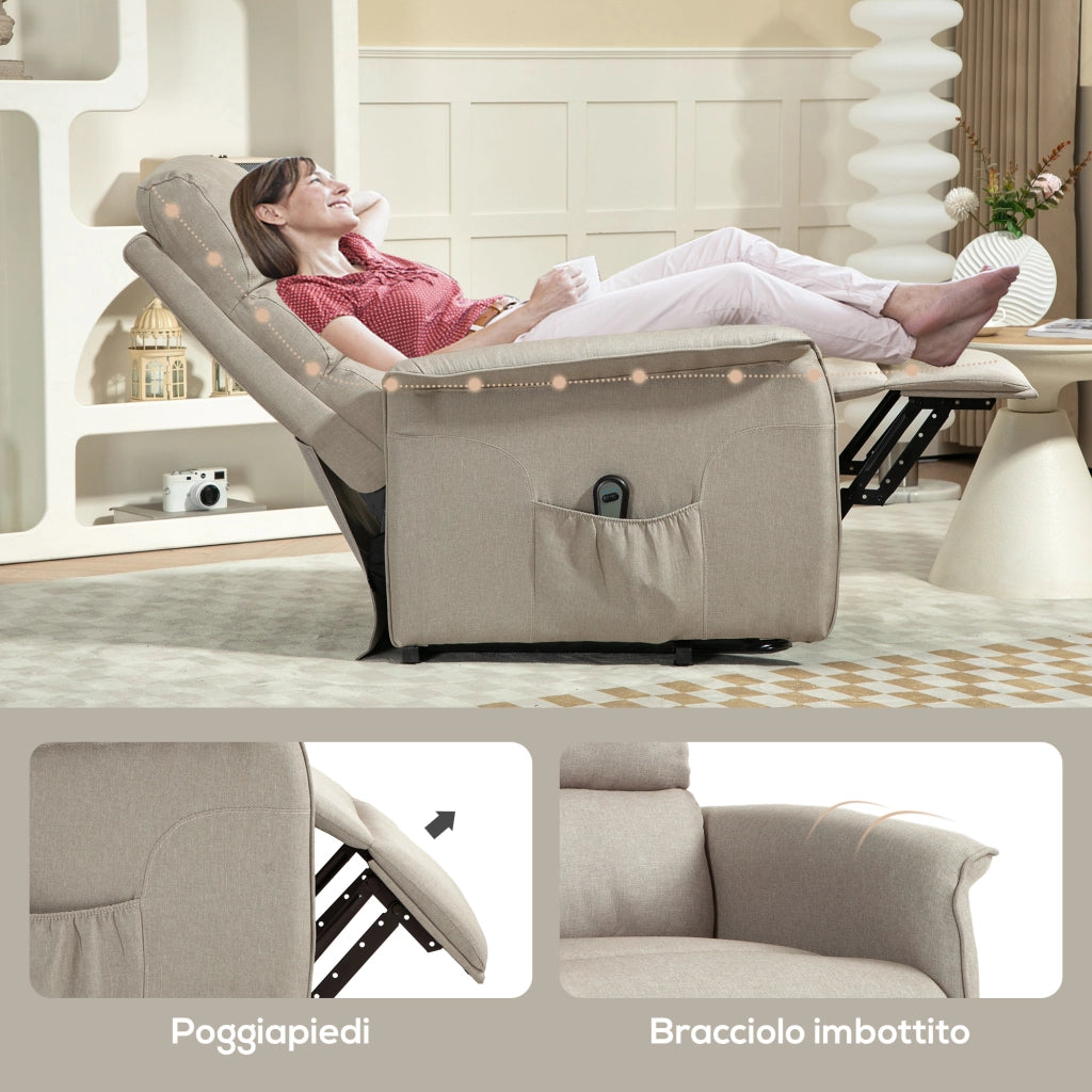 Poltrona Alzapersona Elettrica Reclinabile con Poggiapiedi, Telecomando e Tasca, Beige