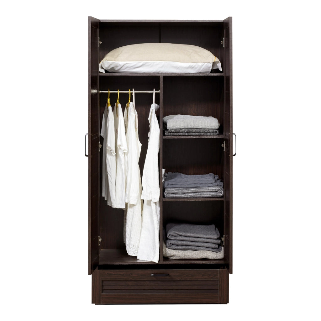 Armadio Guardaroba Finning con Ante a Persiana e Cassetto 176 x 80 x 52 cm Effetto Noce Scuro [en.casa]
