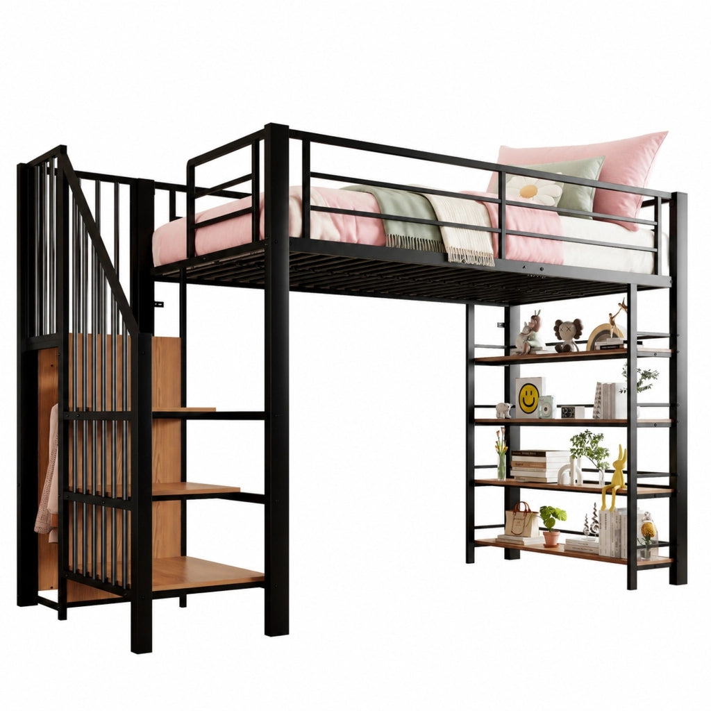 Letto a soppalco 90x200 cm in metallo nero con scala; armadio e ripiani