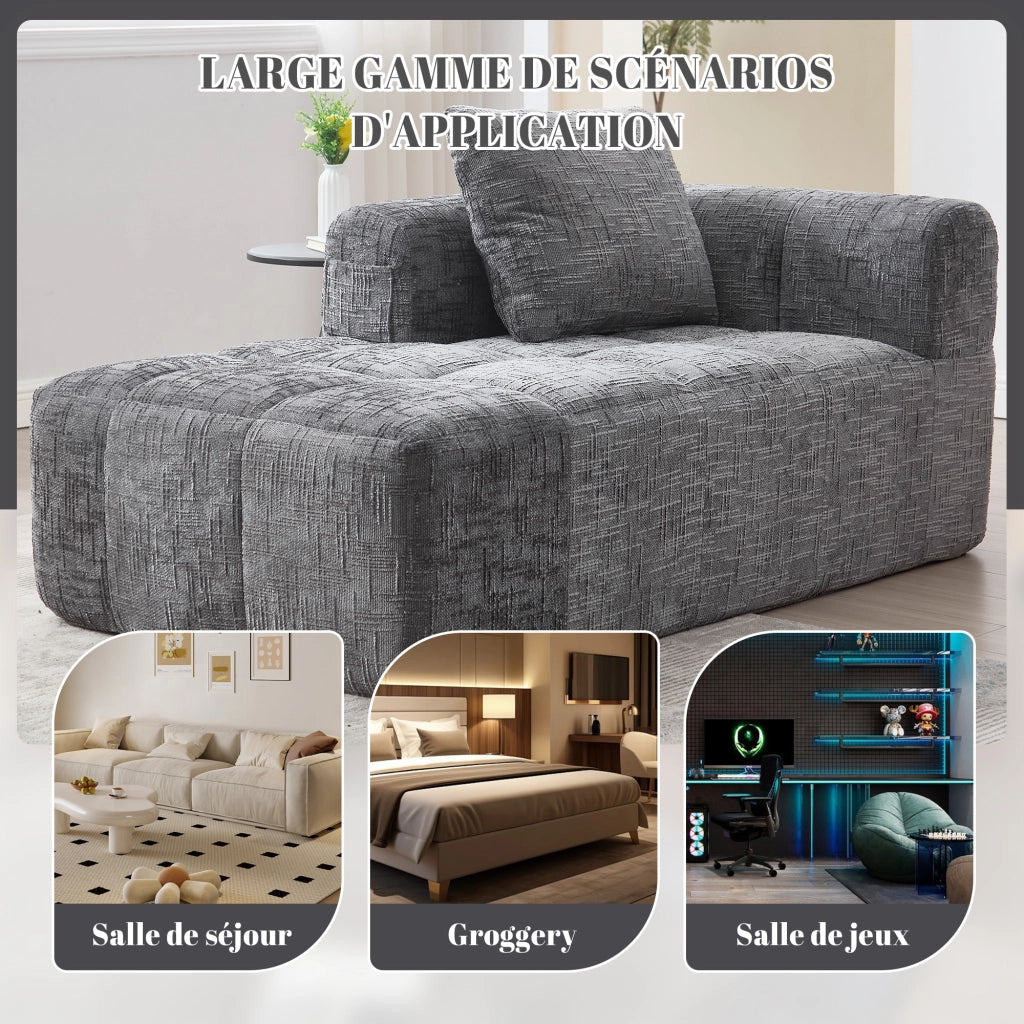 Divano Chaise Longue con Tasche Laterali e Cuscino; Seduta Morbida a Rimbalzo Rapido; in Ciniglia; Grigio; 158 × 90 × 60 cm