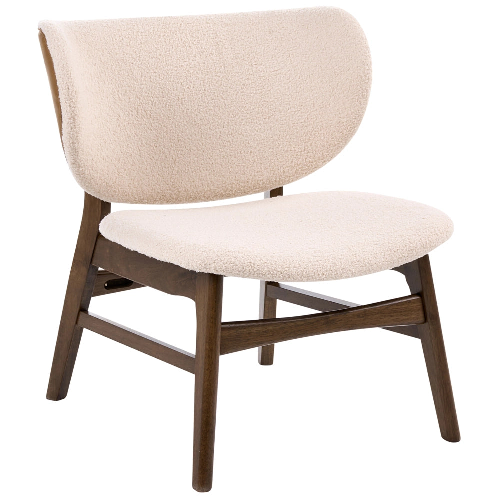 Poltrona in tessuto bouclé di poliestere marrone e beige chiaro, con gambe in legno di gomma, stile retrò tradizionale