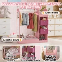 Appendiabiti per Bambini con Ripiani, Scatole e Specchio in Legno, Rosa