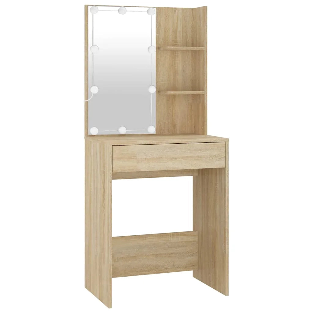 Toeletta | Tavolo da Trucco LED con Armadietto in Legno Multistrato Rovere Sonoma