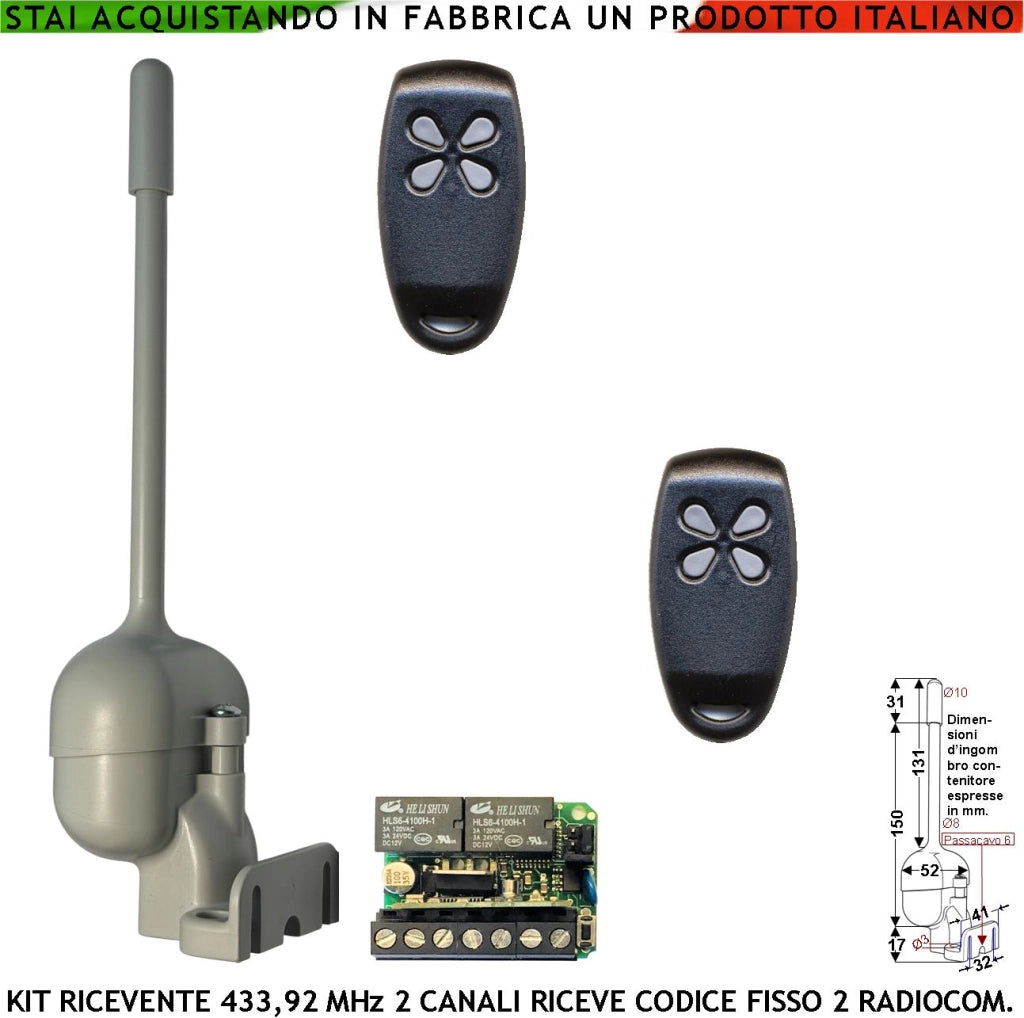 Ricevitore Radio da Esterno Freq. 433,92 MHz 2 Radiocomandi 2 Canali Codice Fisso 12 Bit Oppure 180 Stealth o Rolling Code Base 2 Relè Impulsivi o Stabili ON-OFF Alimentazione 12/24 Vac Prot. IP55