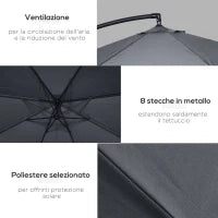 Ombrellone da Giardino 3x3 m con Zanzariera, Apertura a Manovella e Base a Croce, Grigio Scuro