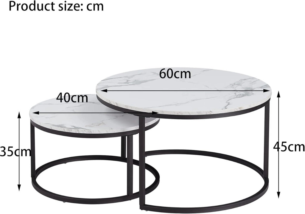 GrandCA HOME Set di 2 Tavolini Rotondi a Incastro con Piano in Finto Marmo, Tavolino da Caffè per Soggiorno, Bianco e Nero (60x60x45cm e 40x40x35cm)